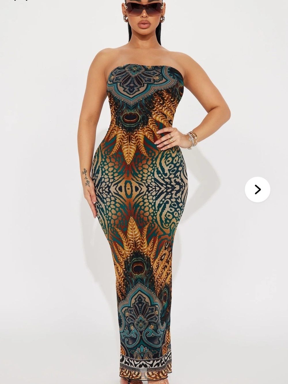 Fashion Nova Strapless Printed Maxi Dress in Teal & Gold